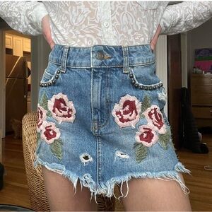 Free People Blue Denim Mini Skirt with Red Floral Embroidery